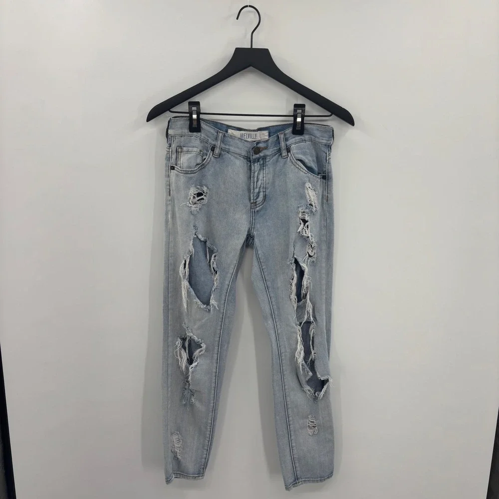 Brandy‎ Melville Distressed Jeans Womens 25 Light Wash Button Fly Boho 90s Y2K